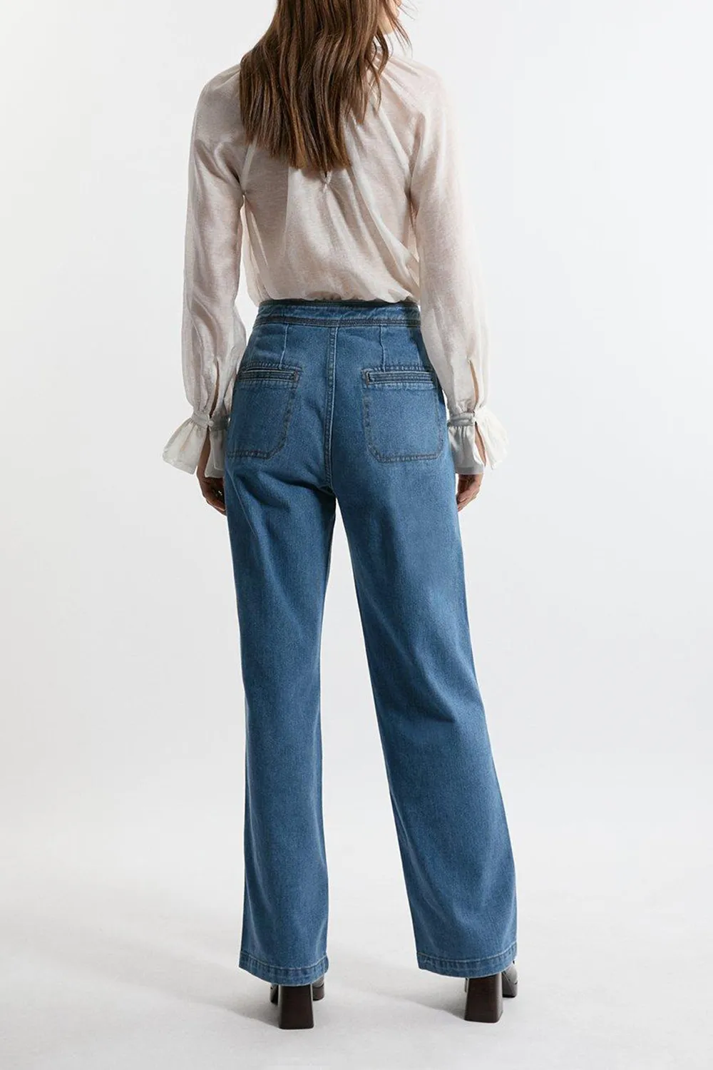Denim Tailored Button Front Wide Leg Jeans