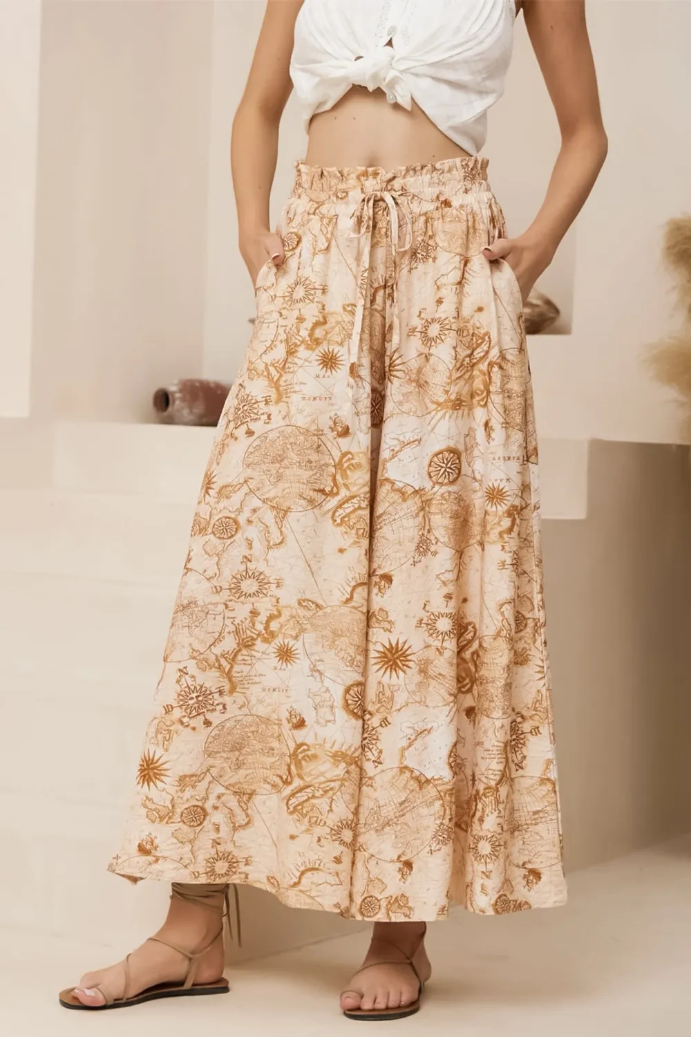 Light Khaki Patterned High Waist Wide Leg Trousers