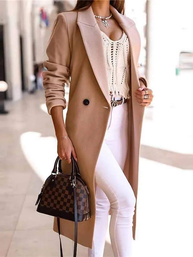 Women's Winter Coat Coat Warm Breathable Work Office / Career Daily Wear Vacation Pocket Drawstring Buttoned Front Turndown Elegant Lady Modern Formal Solid Color Regular Fit Outerwear Long Sleeve
