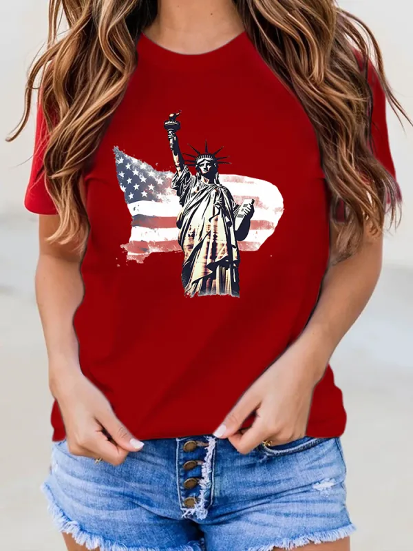 Woman'S The Statue Of Liberty And The Stars And Stripes Print Round-Neck Short-Sleeved T-Shirt