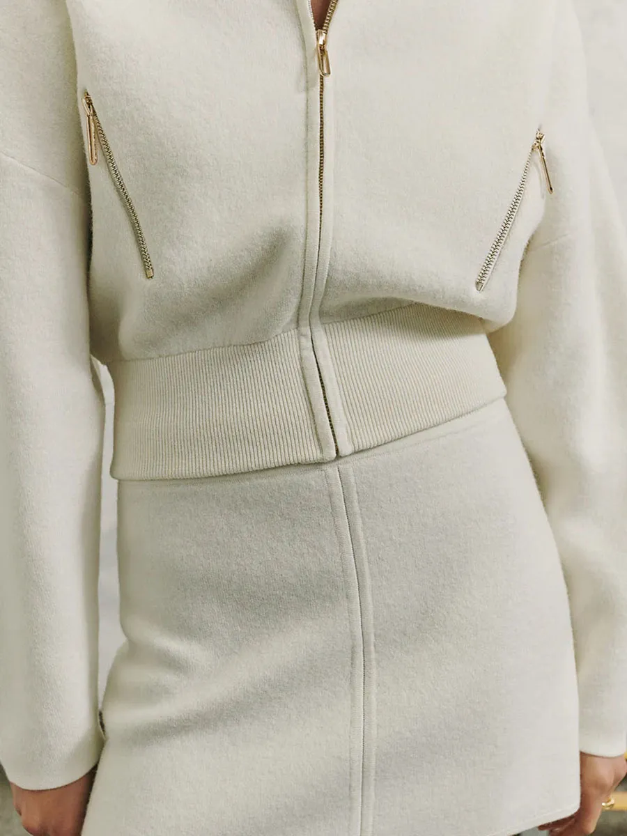 White Boiled Wool Bomber Jacket