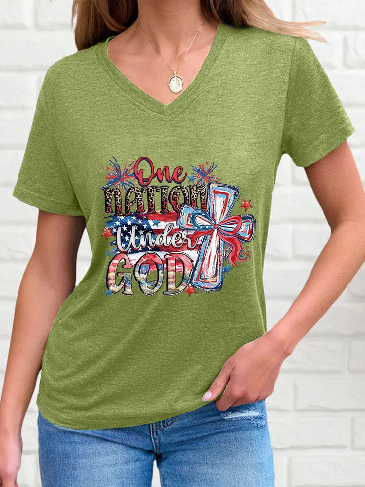Woman'S One Nation Under God V-Neck And Short Sleeves T-Shirt