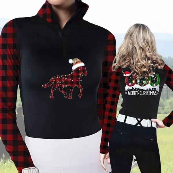 Christmas Women's Riding Style Horse Print Long Sleeve Casual Shirt