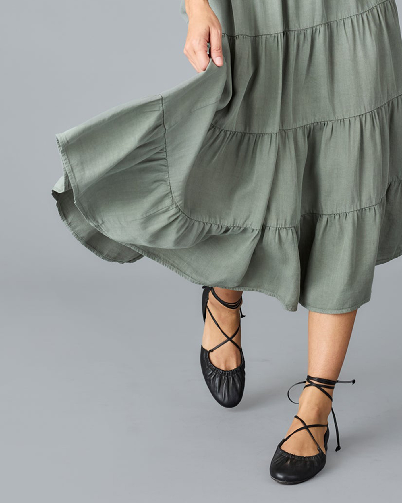 Olive Green Ruffled Midi Skirt