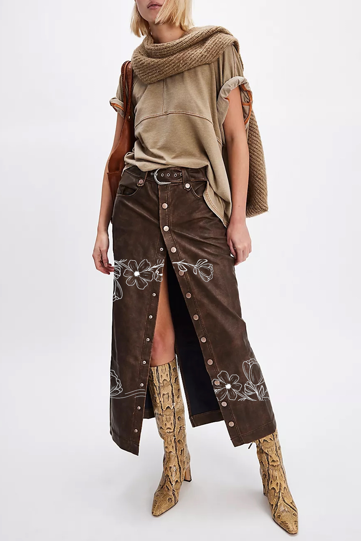 Faux Leather Button Front Slit Maxi Skirt