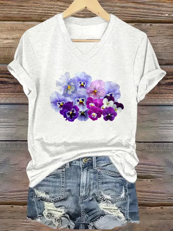 Women'S Floral Printed Alzheimer'S Awareness V-Neck T-Shirt