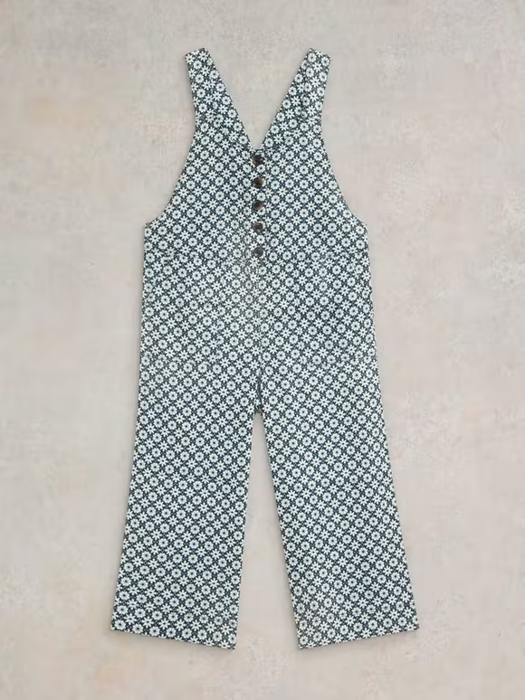 Crop Linen Dungaree In Green Print