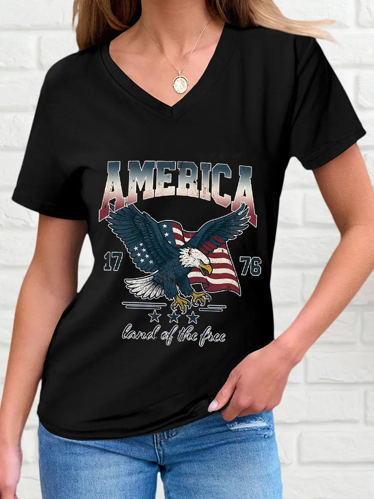 Woman'S America 1776 Land And Free V-Neck And Short Sleeves T-Shirt
