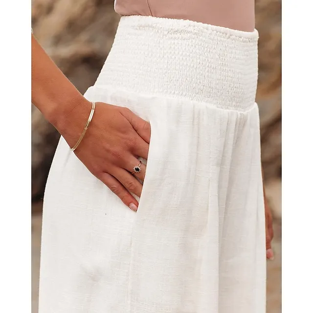 Women‘s Casual Fashion Culottes Wide Leg Chinos Wide Leg Side Pockets Cotton Linen Full Length Pants Casual Weekend Micro-elastic Chinese Style Comfort Mid Waist White Black Khaki S M L XL XXL