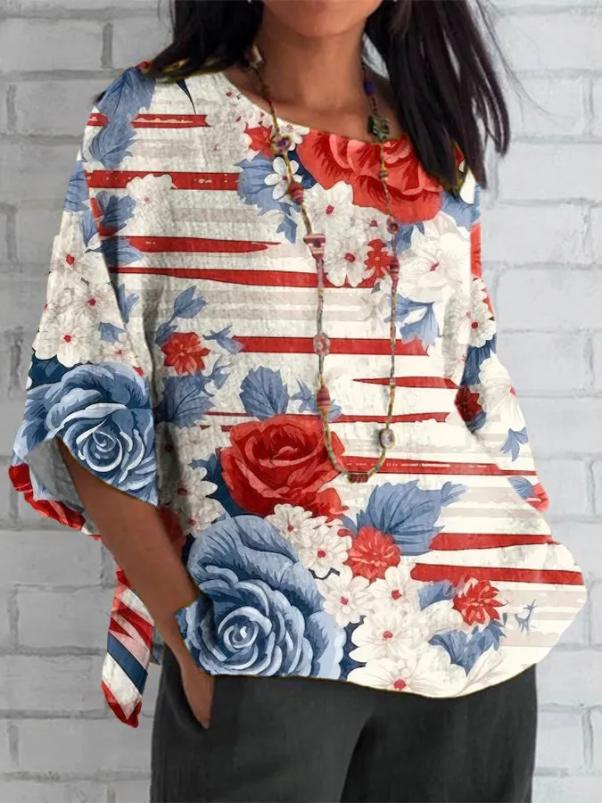 Women'S Stripes And Flower Prints Long-Sleeved Round-Neck Shirt