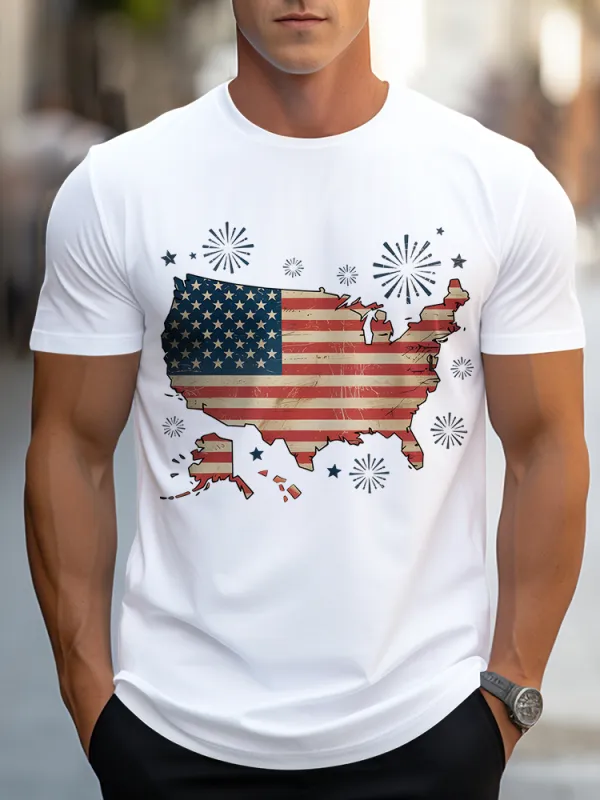 Man'S Fireworks And National Flag Round-Neck Short-Sleeved T-Shirt