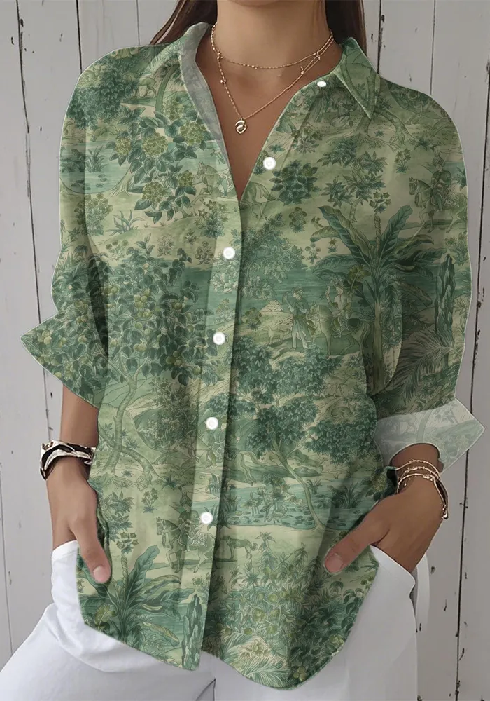 Women's Casual Green Plant Printed Long Sleeve Cotton and Linen Shirt