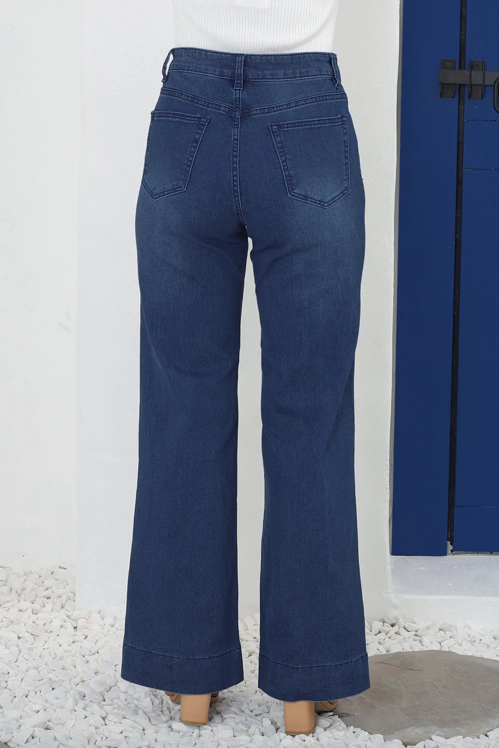 Dark Blue High Waisted Wide Leg Denim Jeans