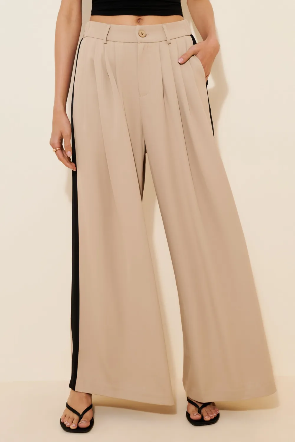 High Waist Pleated Palazzo Pants In Stone & Black