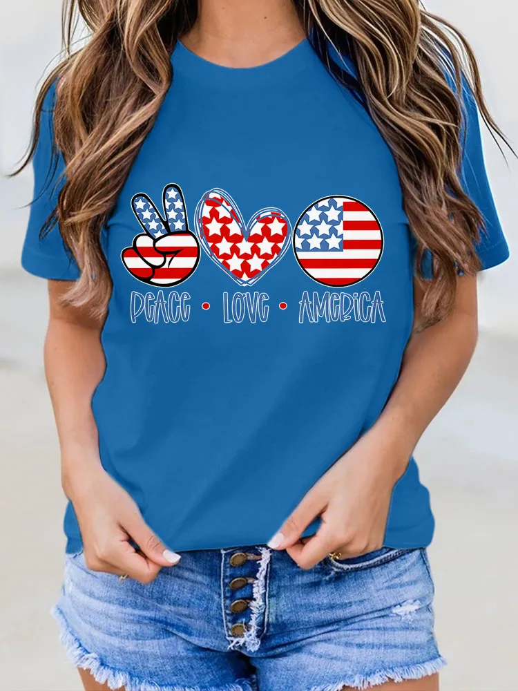 Woman'S Peace Love America Round-Neck Short-Sleeved T-Shirt