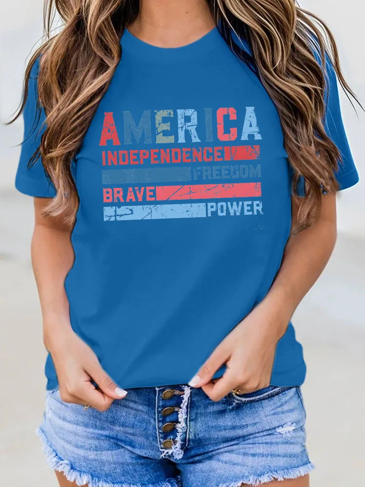 Woman'S America Independence Freedom Brave Power Round-Neck Short-Sleeved T-Shirt