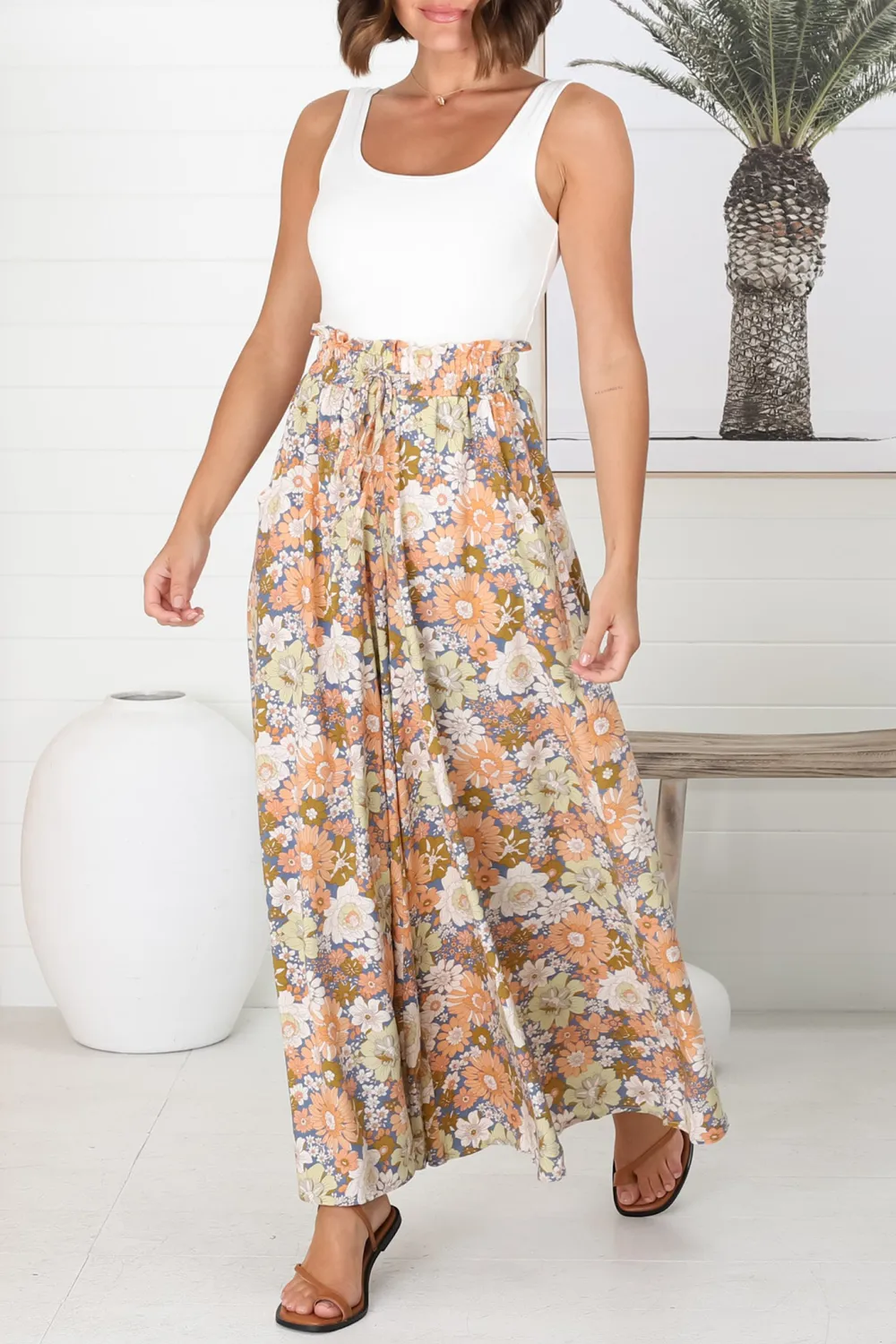 Colorful Floral Print High Waist Wide Leg Pants