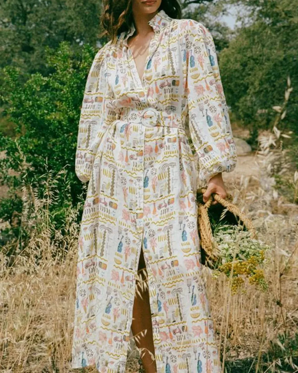 V-neck Puff Sleeve Maxi Dress