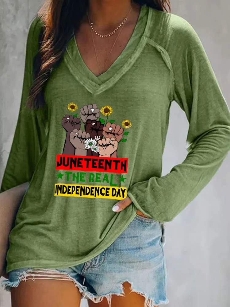 Women'S V-Neck Long-Sleeved T-Shirt Juneteenth The Real Independence Day