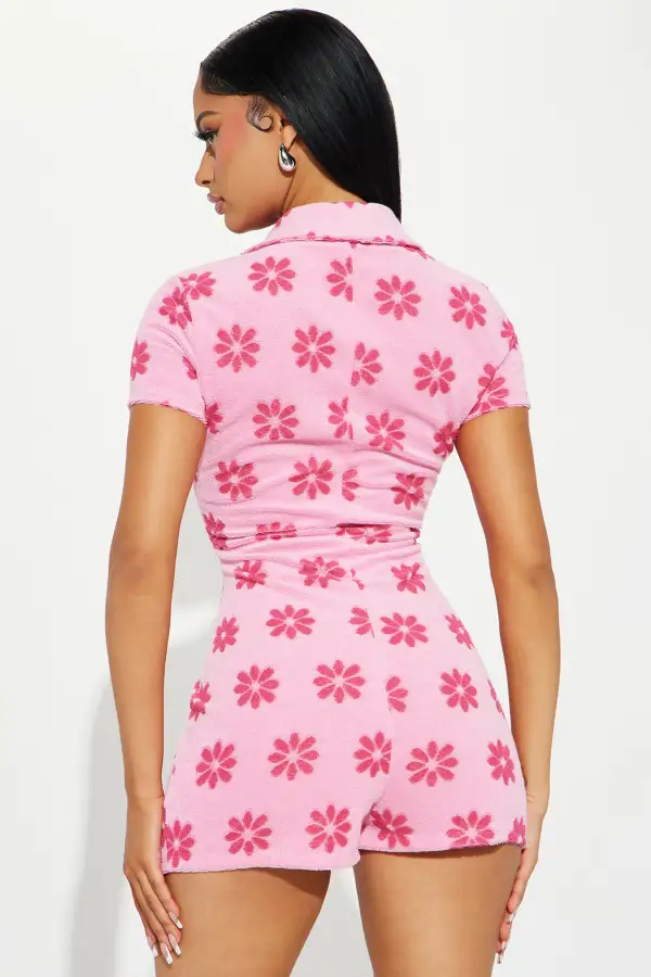 Flower Fields Terry Cloth Romper - Pink/combo