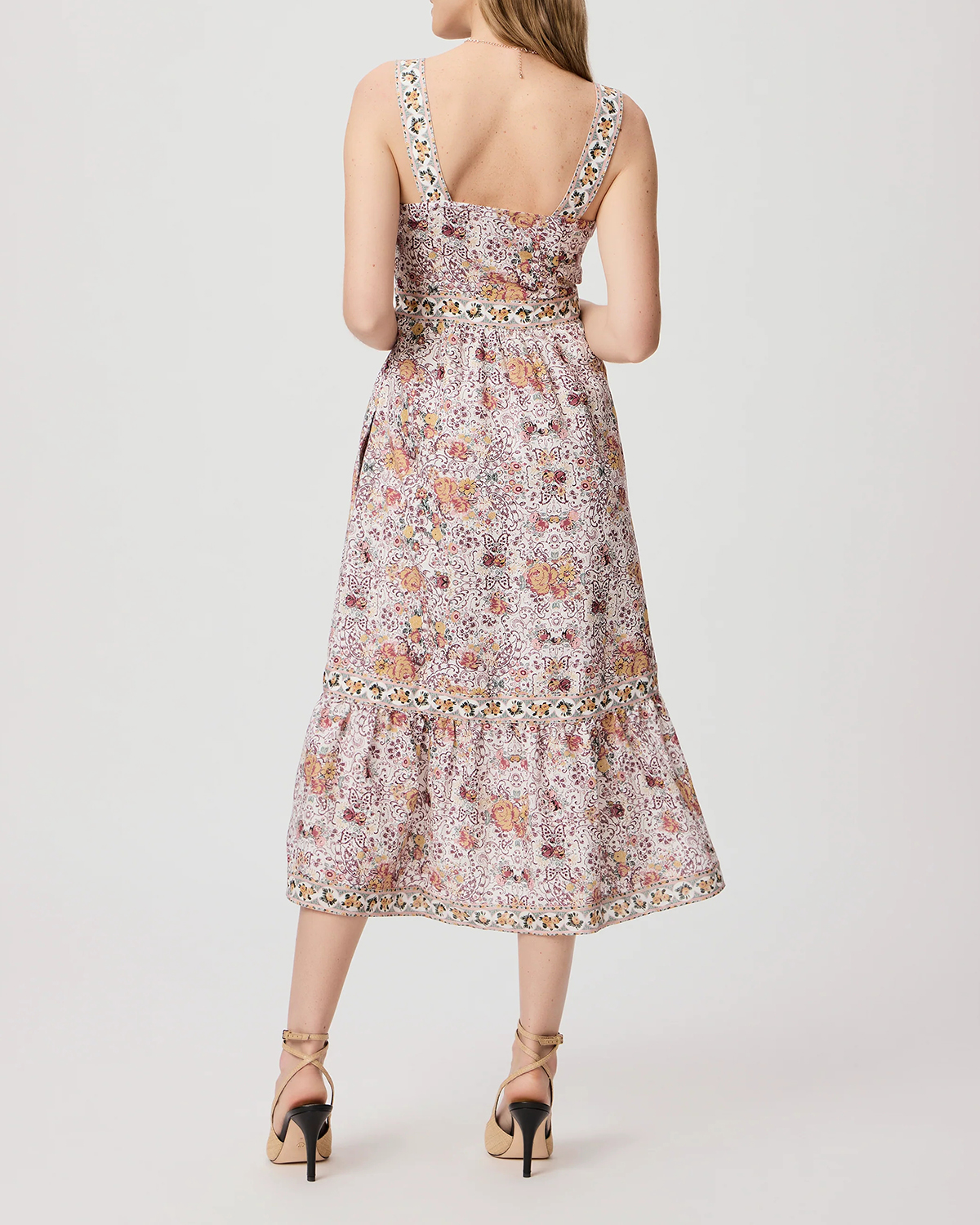 Light Pink And Multicolor Floral Print Square Neck Midi Dress