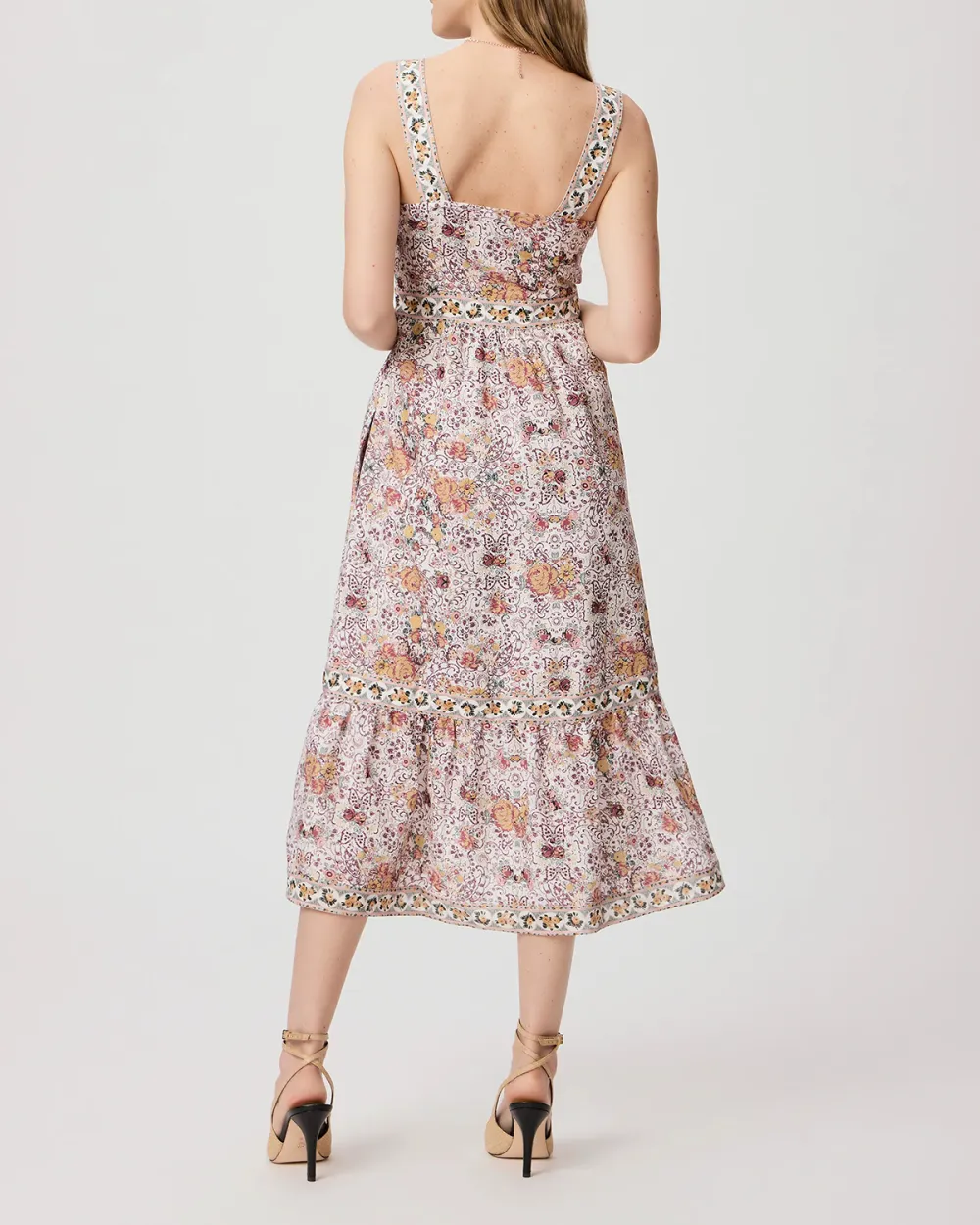 Light Pink And Multicolor Floral Print Square Neck Midi Dress