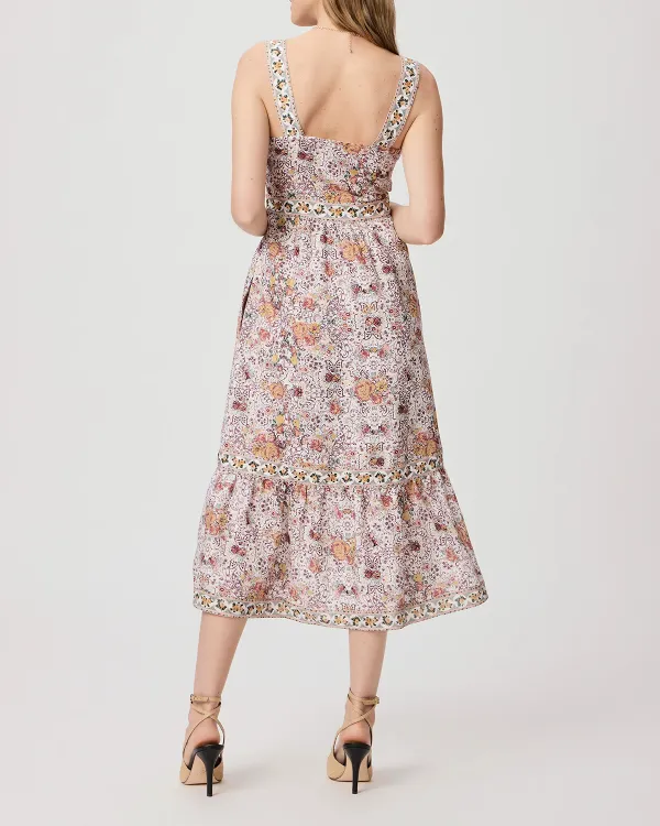 Light Pink And Multicolor Floral Print Square Neck Midi Dress