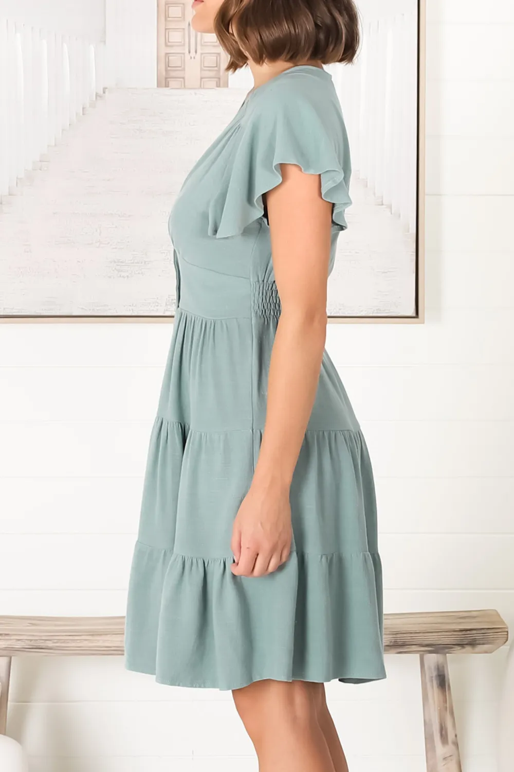 Light Green Ruffled Tiered Button Front Dress