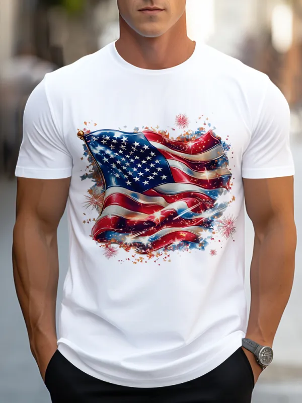 Man'S Stars And Stripes Print Round-Neck Short-Sleeved T-Shirt