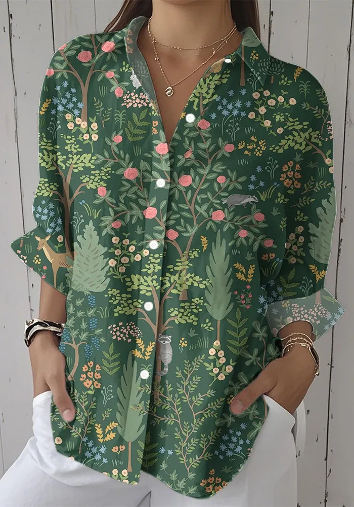 Women's Casual Botanical Print Long Sleeve Shirt