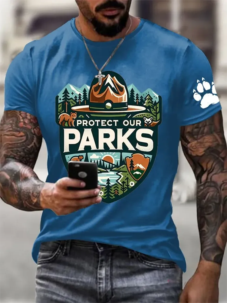 Men'S Protect Our National Parks Printed Round Neck T-Shirt