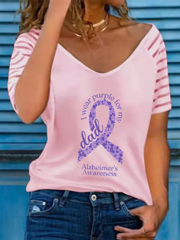 Women'S I Wear Purple For My Dad Alzheimer'S Awareness V-Neck Short-Sleeved T-Shirt