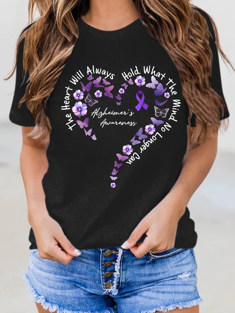 Women'S The Heart Will Always Hold What The Mind No Longer Can Alzheimer'S Awareness Round-Neck Short-Sleeved T-Shirt
