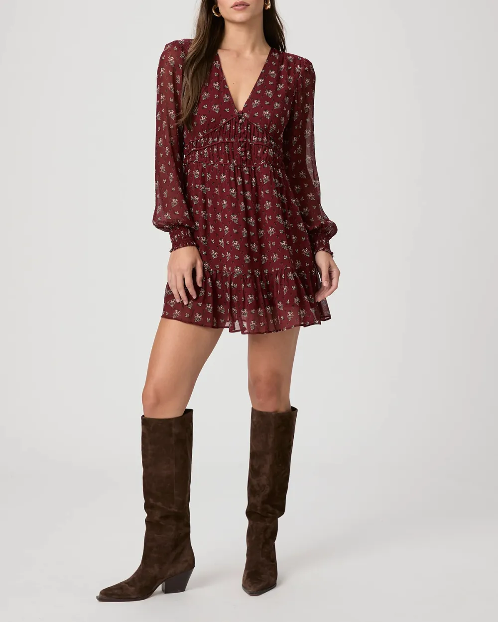 Burgundy Ditsy Print Long Sleeve Mini Dress