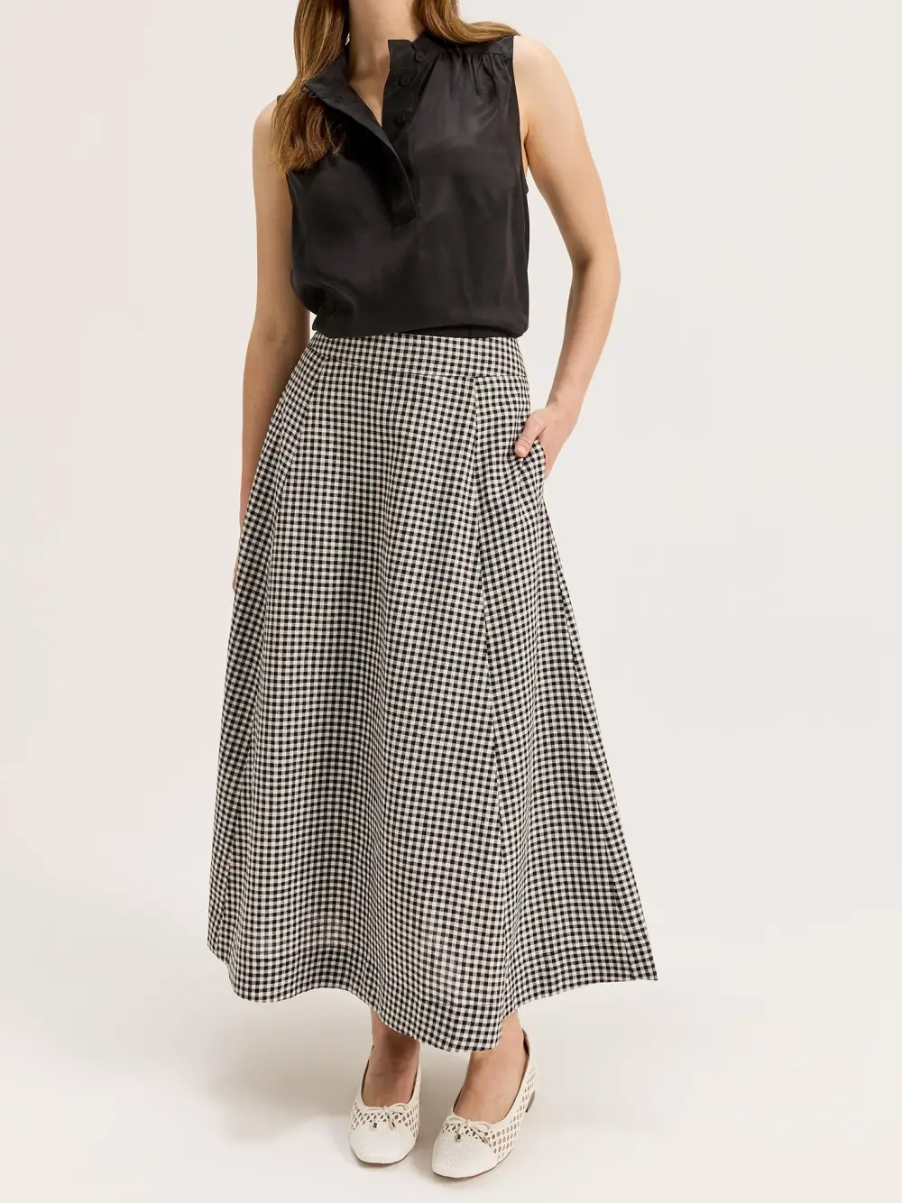 Black Houndstooth Tailored Midi Skirts