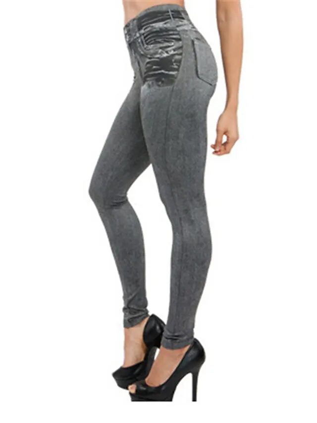 Women's Casual / Sporty Athleisure Skinny Tights Leggings Print Ankle-Length Pants Casual Weekend Stretchy Solid Color Denim Faux Denim Tummy Control Butt Lift High Waist Skinny Black Blue Grey S M L