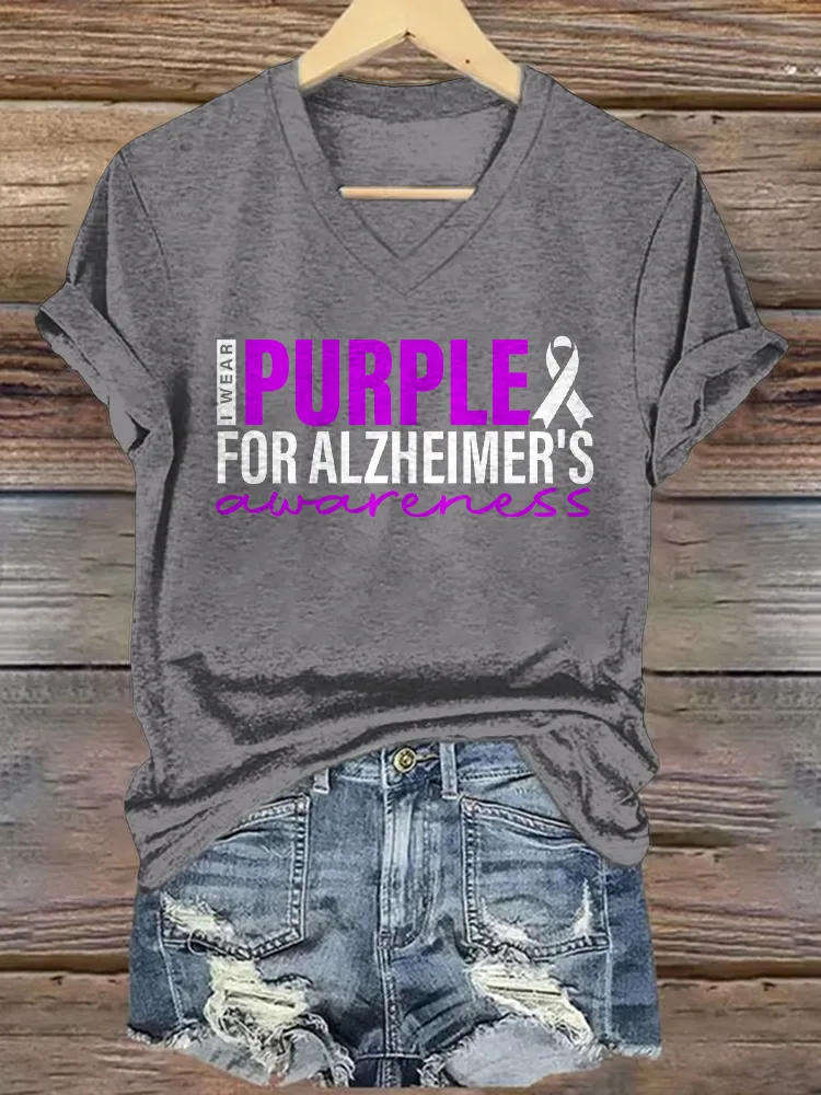 Women'S I Wear Purple For Alzheimer'S V-Neck Short-Sleeved T-Shirt