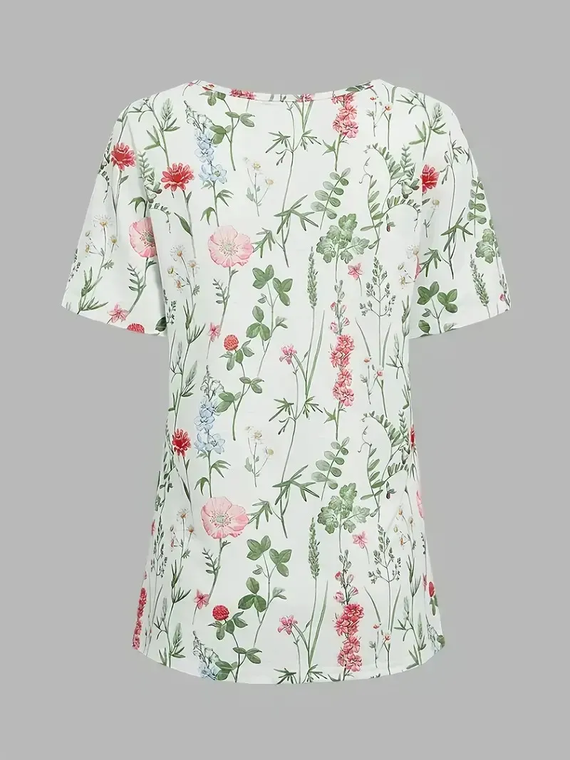 Women's Casual Floral Print Short Sleeve V Neck T-Shirt