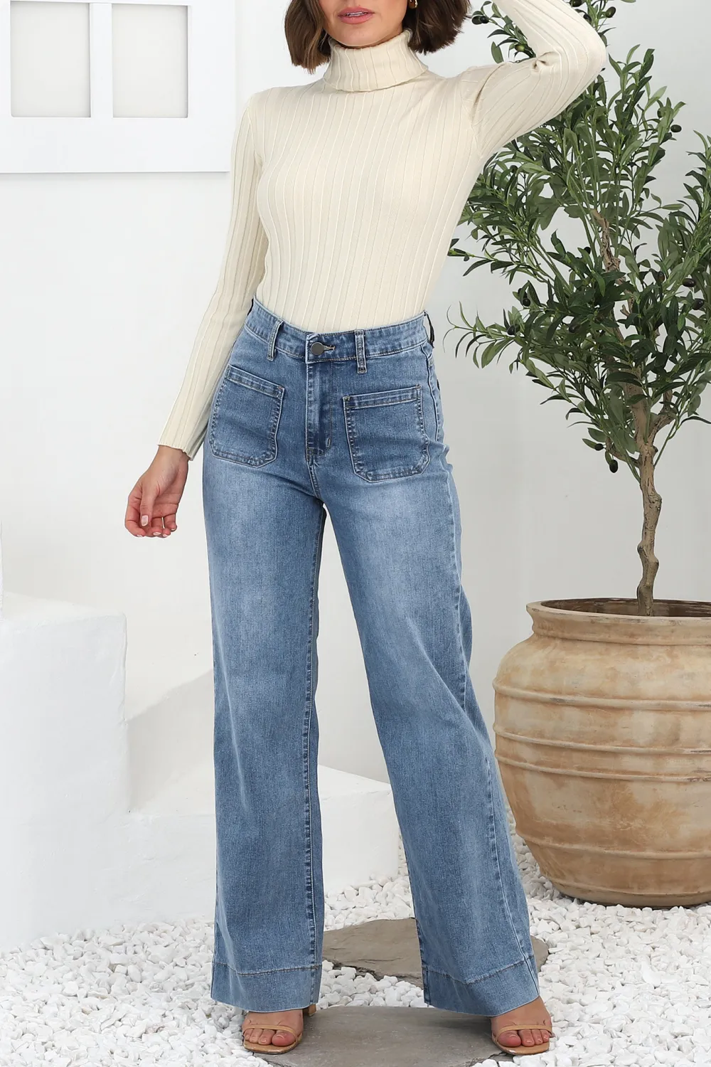 Blue High Waisted Wide Leg Denim Jeans