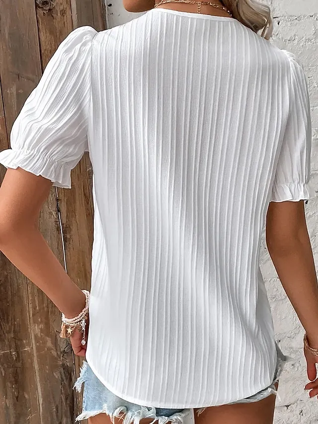 Women's Shirt Lace Shirt Blouse Plain Casual White Sky Blue Lace Short Sleeve Vintage Basic V Neck Regular Fit