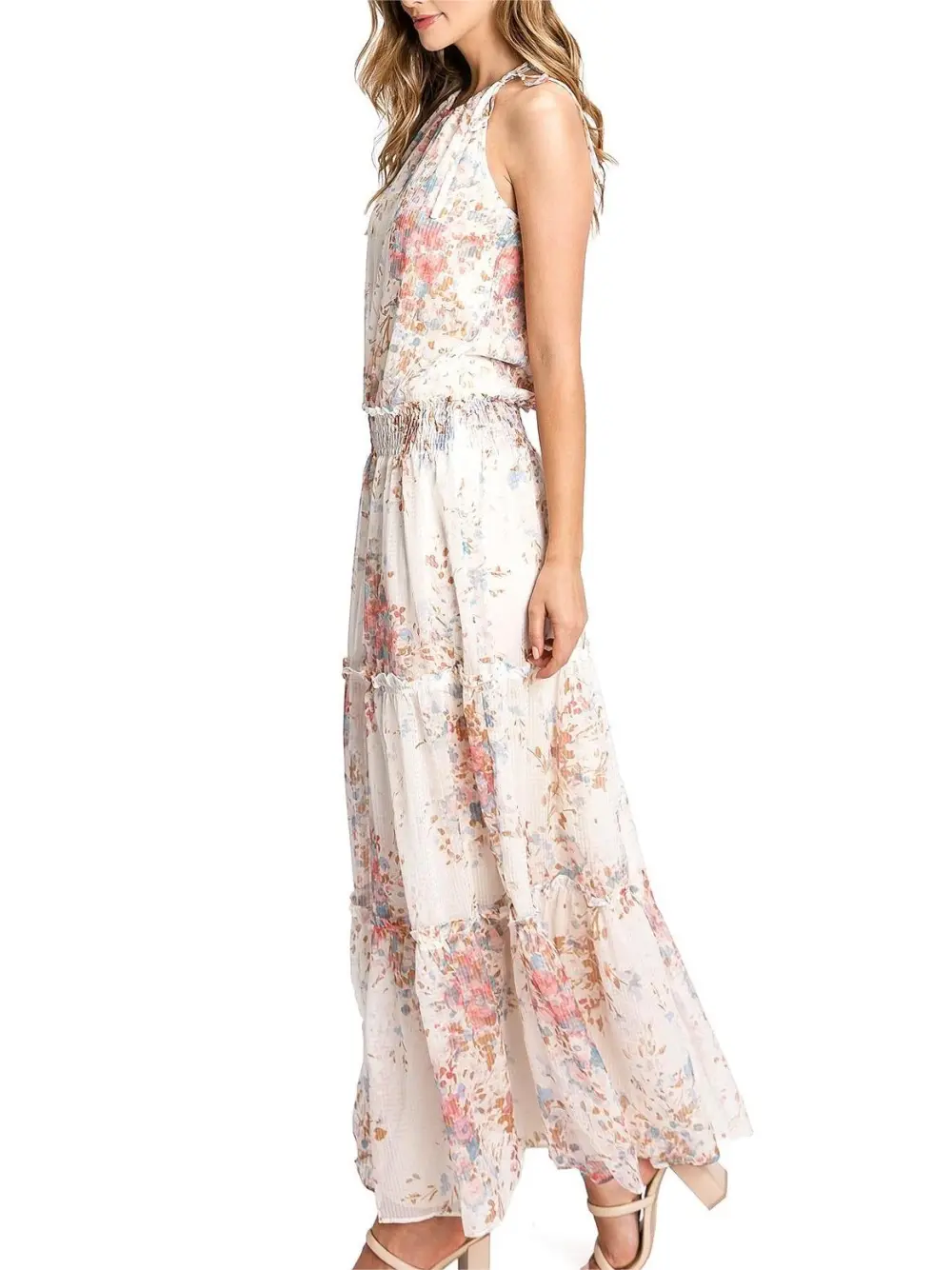 White Floral Print Halter Maxi Dress