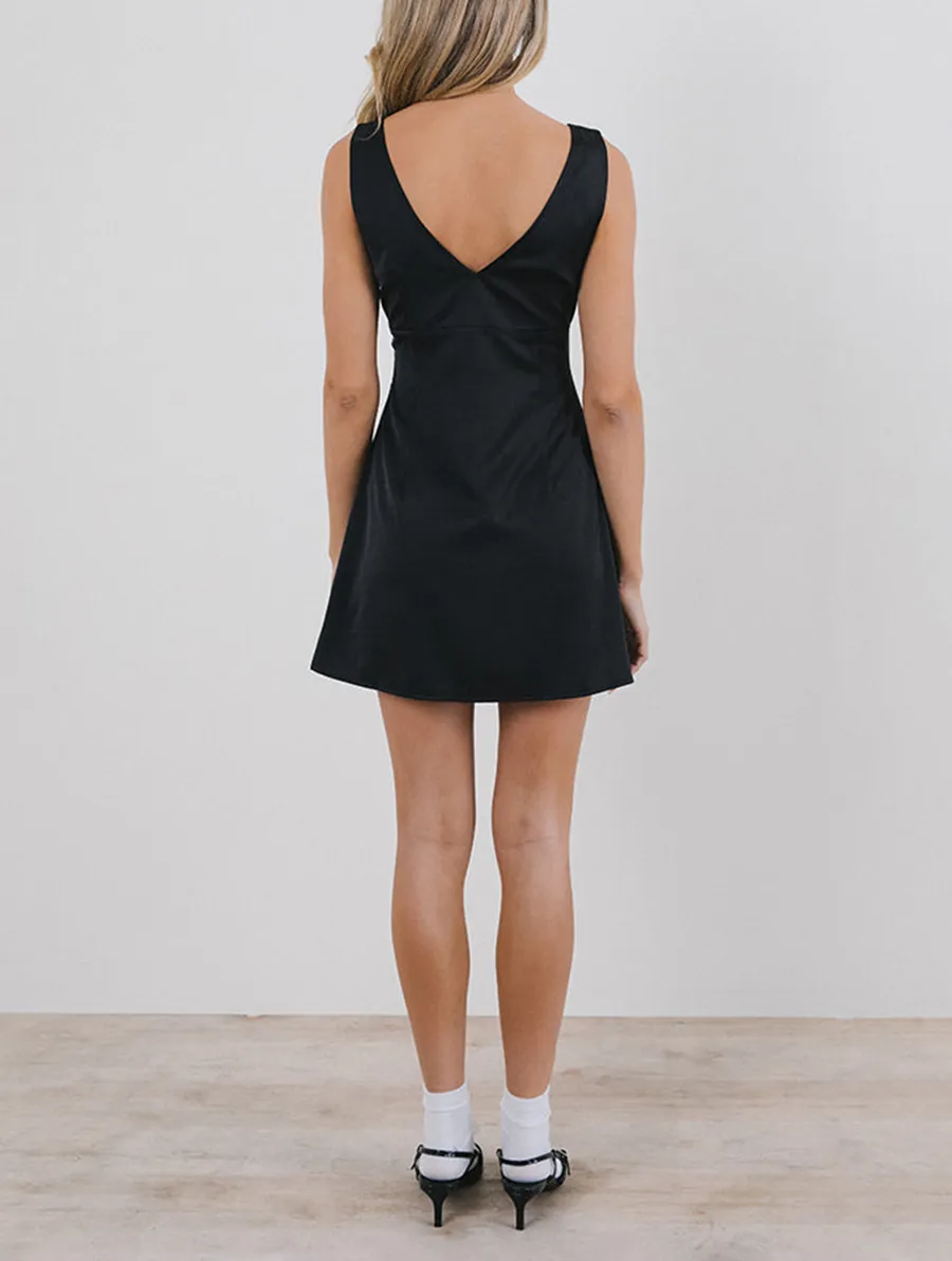 Faradiba Mini Dress In Satin Black With Ivory Bow