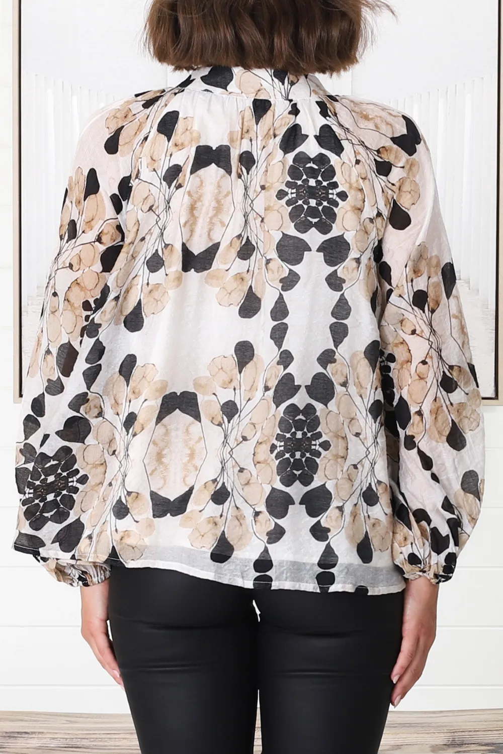 Beige Floral Print Puff Sleeve Blouse