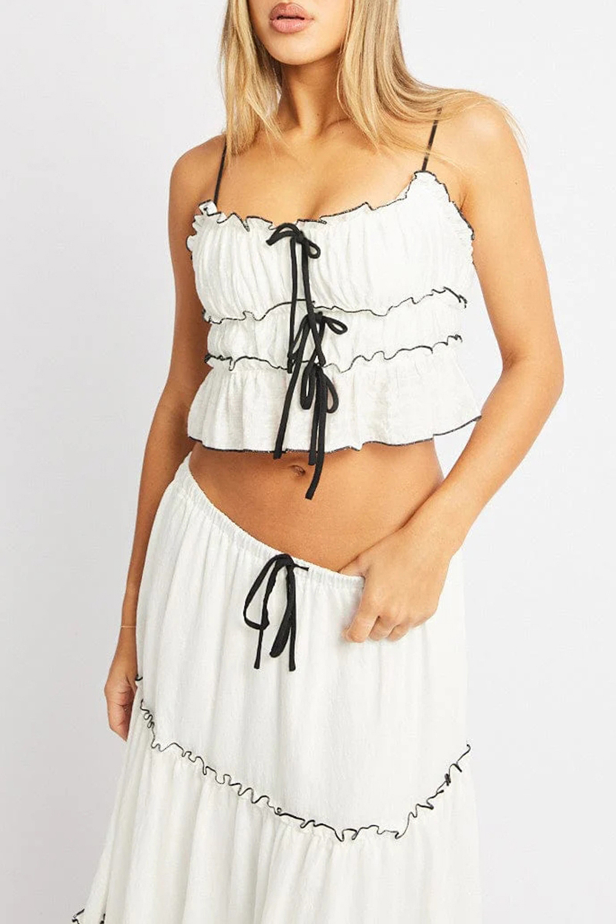 White Tiered Cami Top Sleeveless Front Ribbon