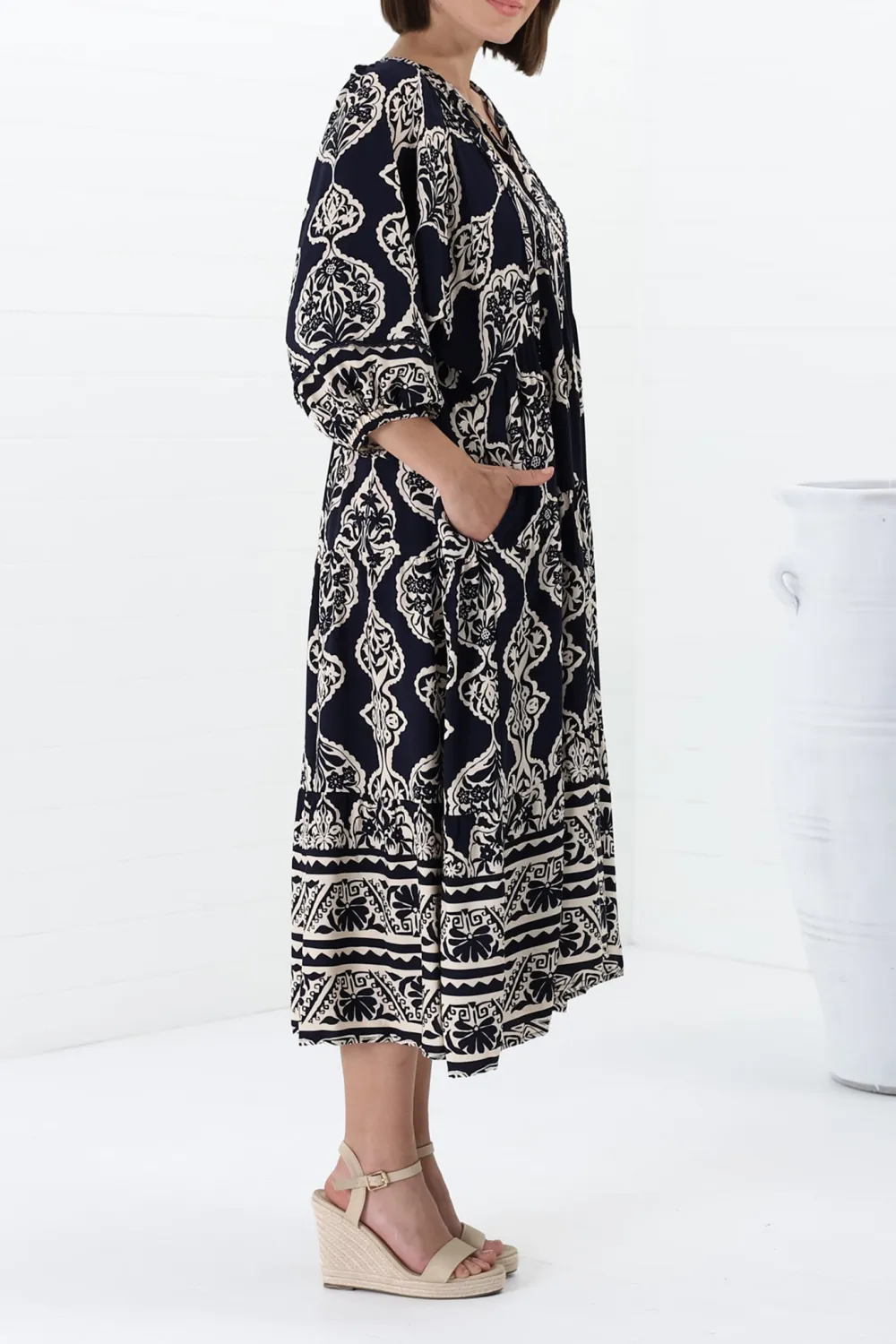Navy Patterned Lantern Sleeve Midi Dress