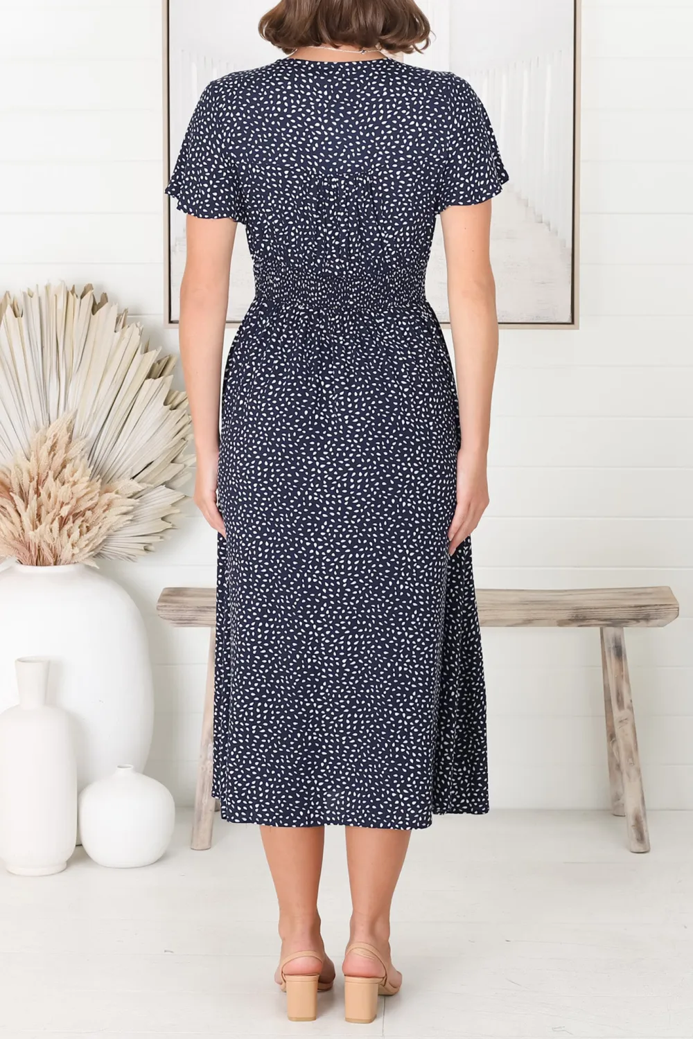 Navy Blue Dot Print Short Sleeve Midi Dress