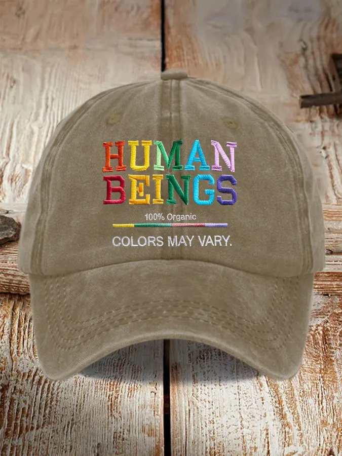 Retro Human Beings 100% Organic Colors May Vary Human Rights Equality Pride Print Baseball Cap