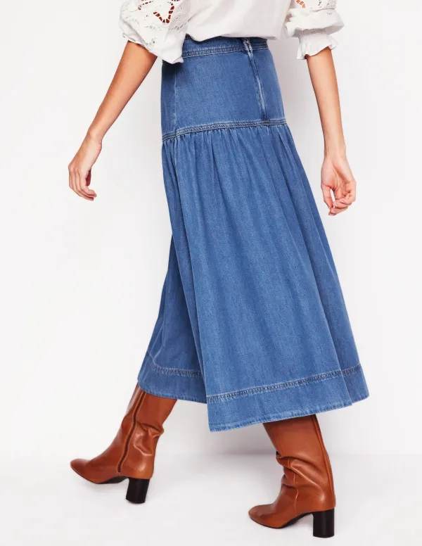 Blue Denim Tiered Midi Skirt