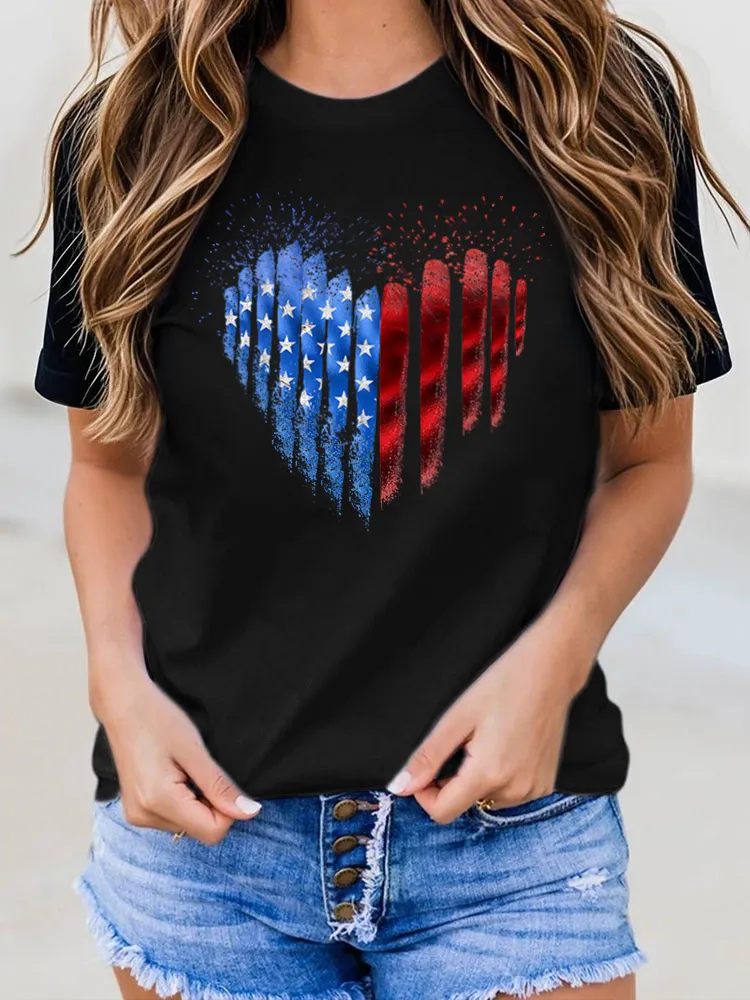 Heart Print Round-Neck Short-Sleeved T-Shirt