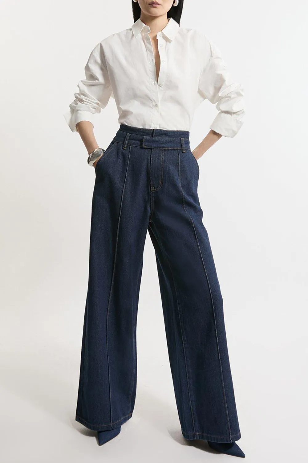 Denim Waistband Detail Wide Leg Trousers